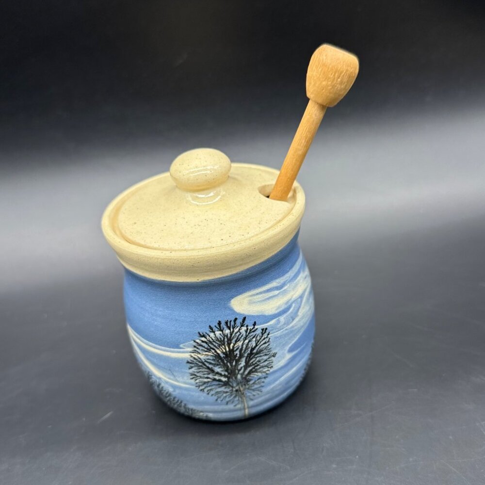 Sevierville Pottery Honey Pot Dipper Blue Skies Trees Studio Art Tennessee